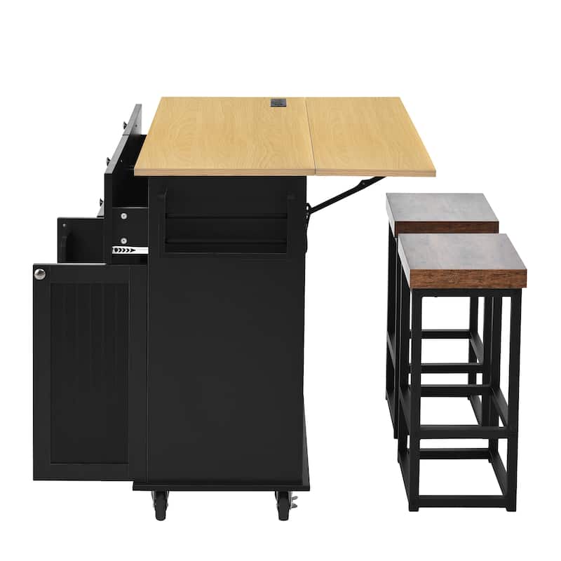 Farmhouse Kitchen Island on Wheels with Drop Leaf, 2 Seating & Power Outlet