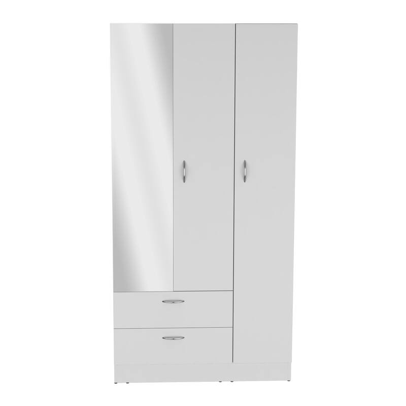 19.7" Modern Mirrored Armoire with Two Drawers, Four Shelves and Hanging Rod