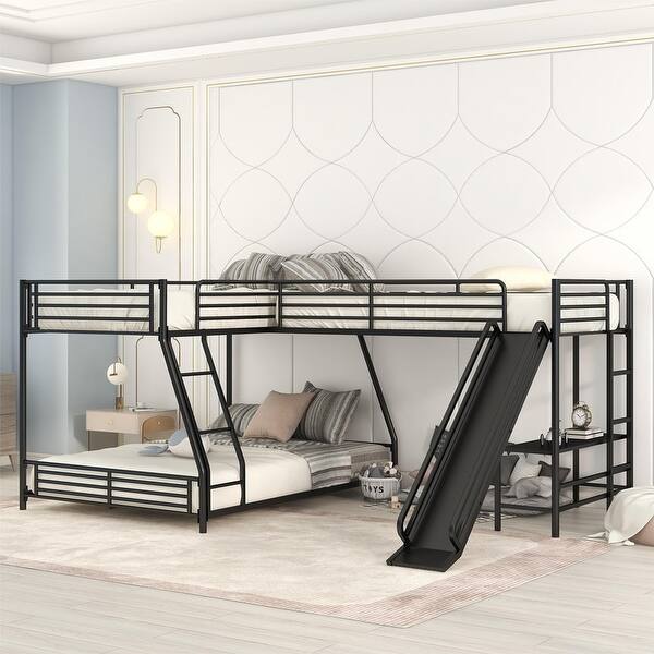 Metal L-Shaped Twin Over Full Bunk Bed with Built-in Desk and Slide ...