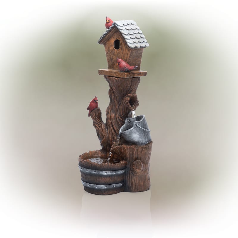 Alpine Corporation 32" Tall Outdoor Cascading Barrel Water Fountain and Cardinal Birdhouse Yard Decoration
