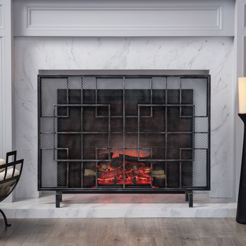 Contemporary Iron Fireplace Screen with Geometric Design