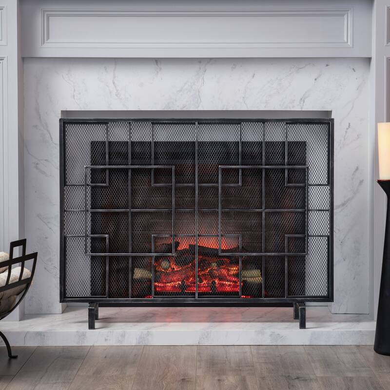 Roomfitters Modern Fireplace Screen, Geometric Single-Panel Design with Sturdy Mesh and Sleek Style, Black