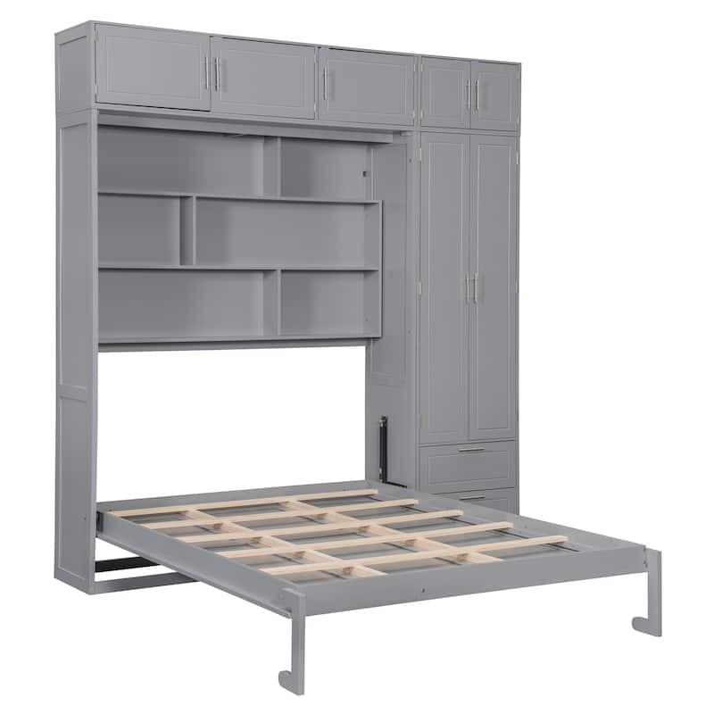 Queen Size Murphy Bed with Storage - Space-Saving Wall Bed with 3 Cabinets, Wardrobe and 2 Drawers