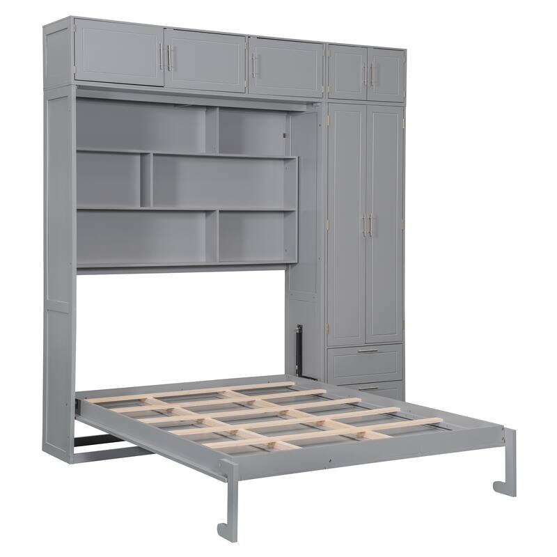 Queen Size Wall Murphy Bed with Top Cabinet & Shelves, Space-Saving Folding Bed Frame with Wardrobe & 2 Drawers