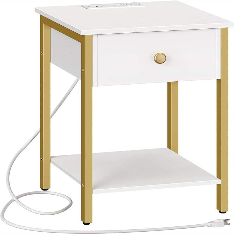 ightstand with Charging Station End Table with Storage Drawer