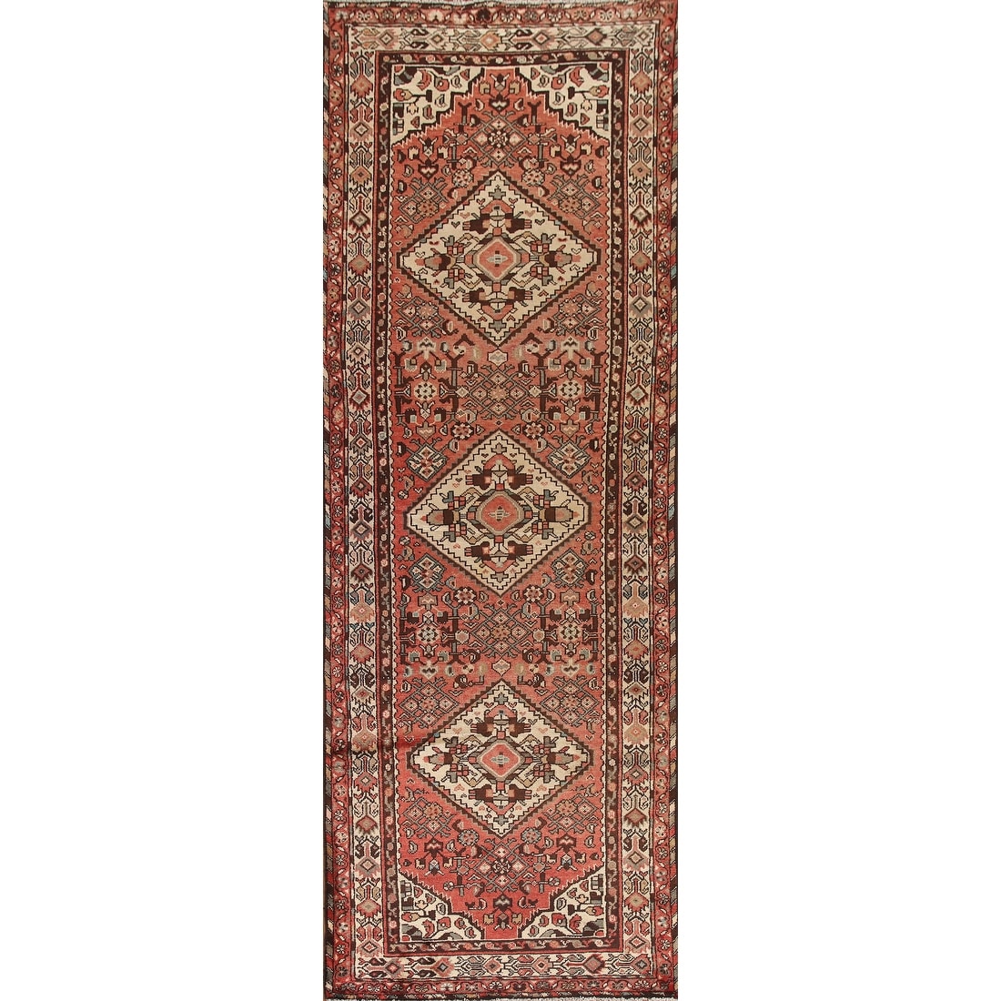 Hand Knotted Oriental 100% Wool Carpet Traditional Geometric Red Hamedan Runner Rug - 10' 3'' X 3' 6''