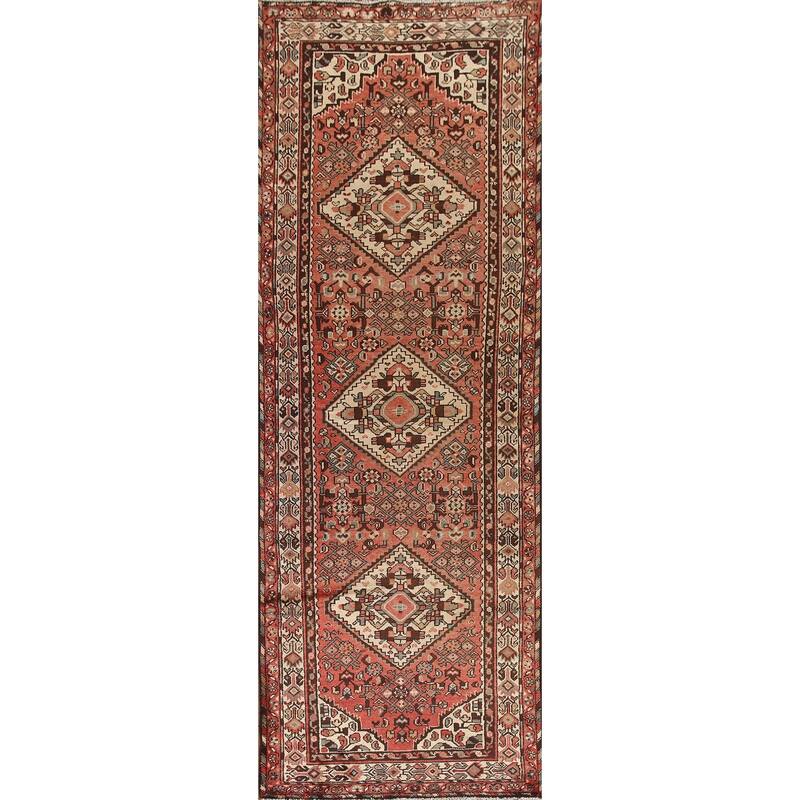 Hand Knotted Oriental 100% Wool Carpet Traditional Geometric Red Hamedan Runner Rug - 10' 3'' X 3' 6''