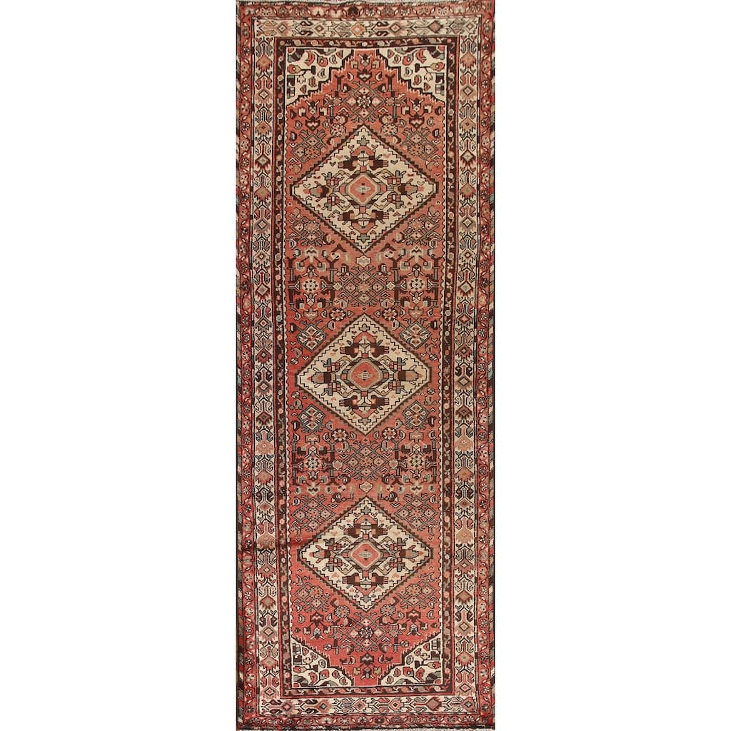 Hand Knotted Oriental 100% Wool Carpet Traditional Geometric Red Hamedan Runner Rug - 10' 3'' X 3' 6''