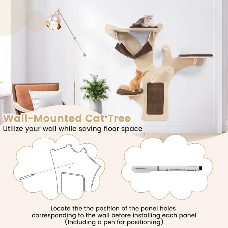 4-Tier Wall Cat Furniture with Scratching Posts Cushioned Perches and Hammock Lounger