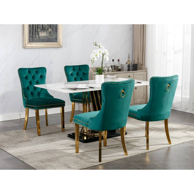 Set of 2 Velvet Dining Chairs with Nailhead Trim and Gold-Plated Legs