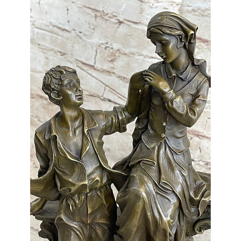 French Bronze Statue Sculpture Young Lovers Romance Anniversary Figure Decor 14 Inches X 7.5 Inches
