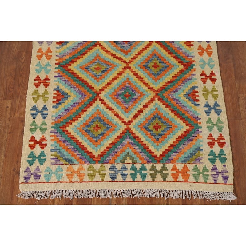 Reversible Kilim Rug Hand-Woven Wool Foyer Carpet - 3'4"x 4'6"
