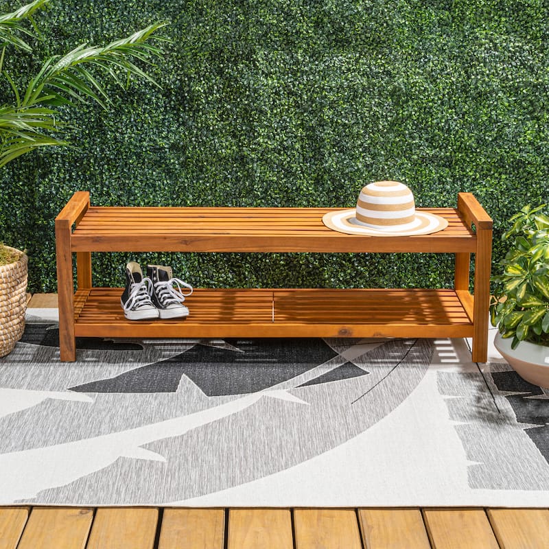 Lutyens 50.8" 3-Seat Mid-Century Modern 600-Lbs Support Acacia Wood Slat Outdoor Garden Patio Bench, Teak, by JONATHAN Y