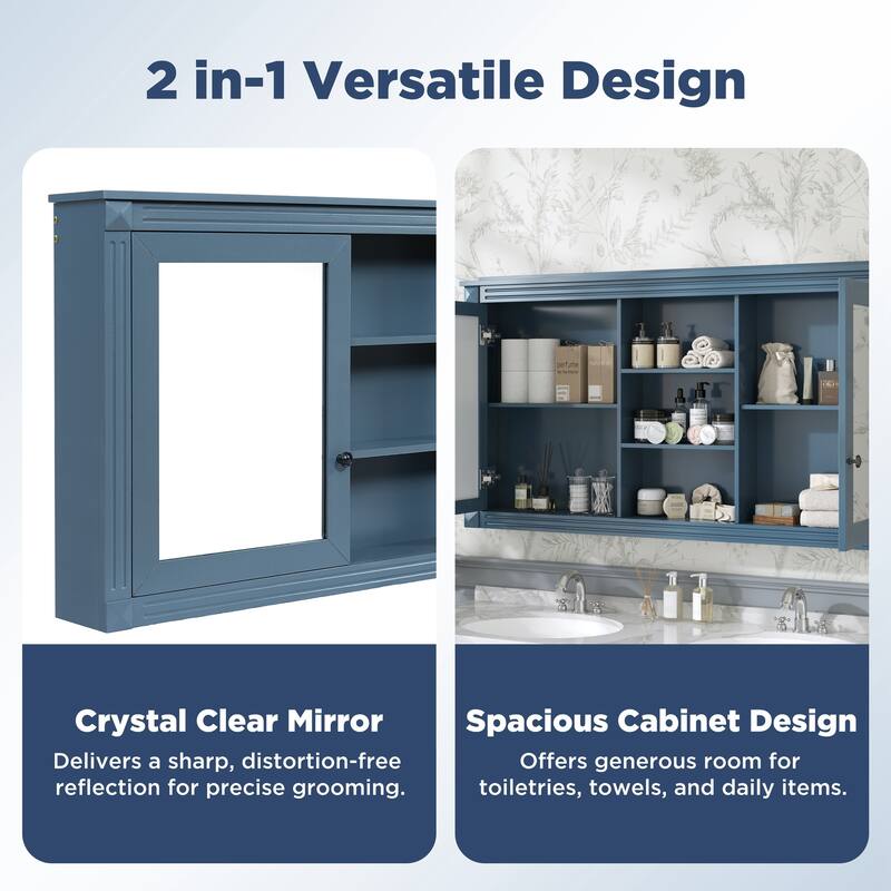 55" Wall-Mount 2-in-1 Mirror Cabinet with Adjustable Shelves & Soft-Closing Hinges, HD Bathroom Storage Organizer