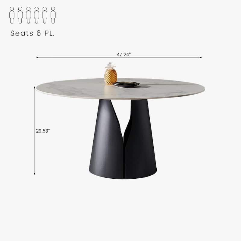 Modern Round White Dining Table, Matte Sintered Stone Tabletop, Solid Black Carbon Steel Base