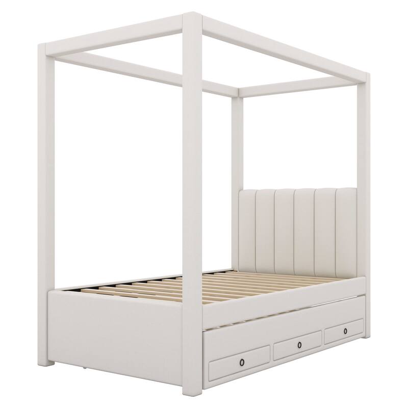 Bedroom Twin Size Canopy Bed Frame, Upholstery Linen Platform Bed with Three Storage Drawers and Pull-Out Trundle Bed