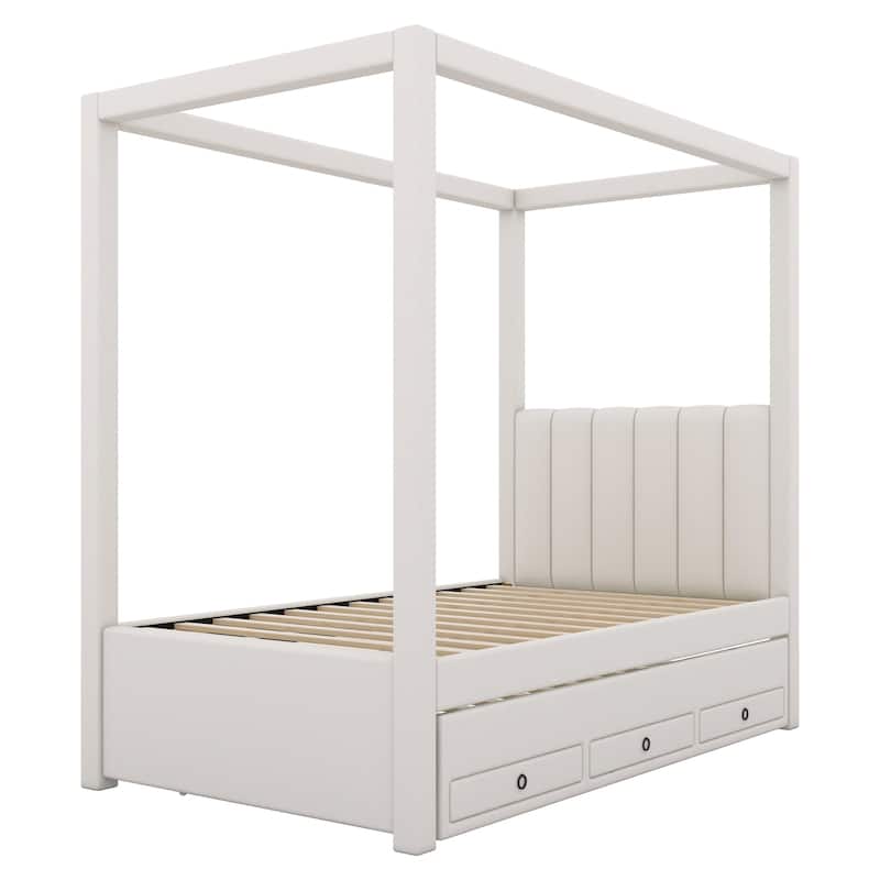 Modern Canopy Bed Frame with Upholstered Headboard/Wood Platform Bed with Trundle & 3 Storage Drawers/Wood Slats Support/Beige