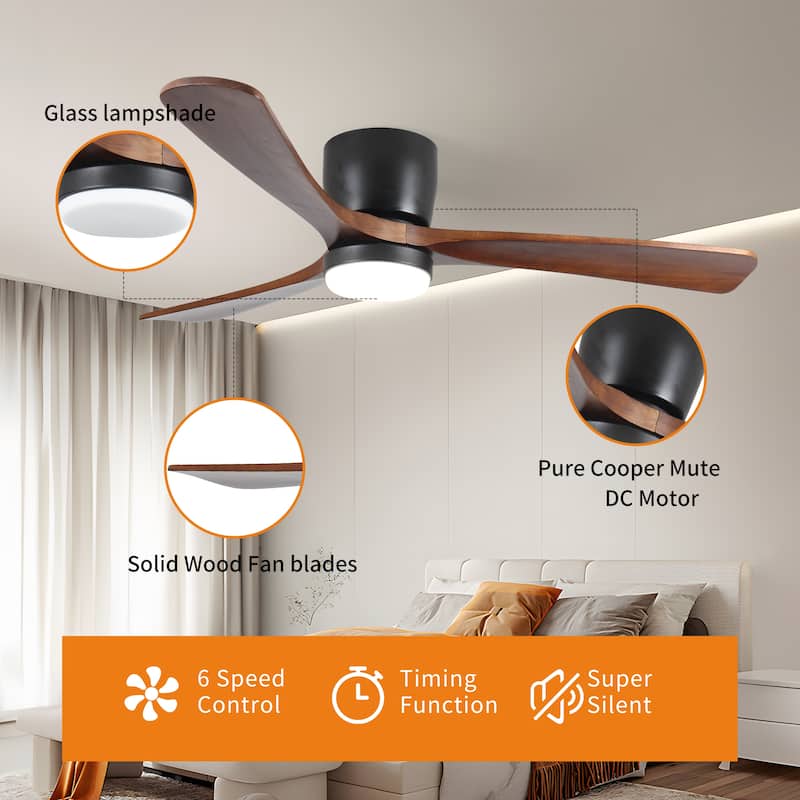 Modern Recessed Ceiling Fan Light with Adjustable Lighting and Wooden Blades, Reversible DC Motor for Bedroom and Living Room - Black
