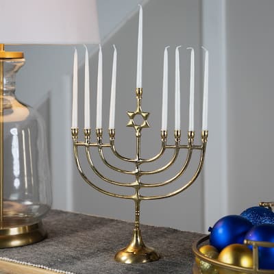 Star of David Smooth Slim Hanukkah Menorah - 12" - Brass