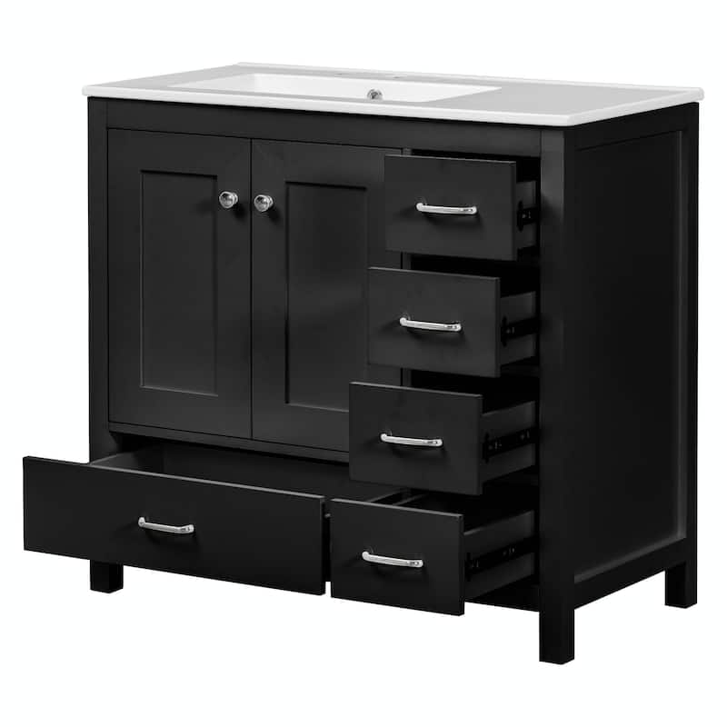36" White Bathroom Vanity with Ceramic Sink Combo, Ample Storage Cabinet - 2 Soft-Close Doors and 5 Drawers