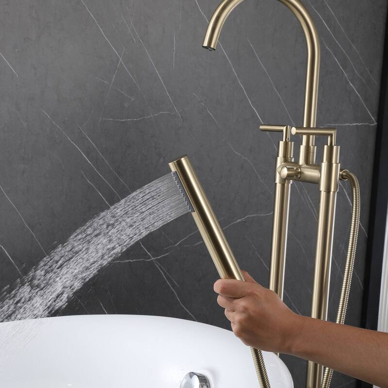 46"H Solid Brass 2-Handle Floor Mounted Tub Faucet with Diverter and Handheld Shower
