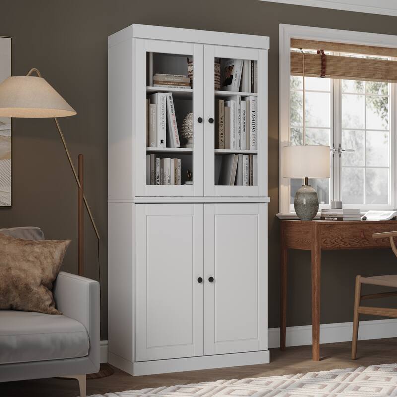 Palace Imports Solid Wood 6-Shelf Bookcase, Raised Panel Clear Glass Doors, Adjustable Shelves