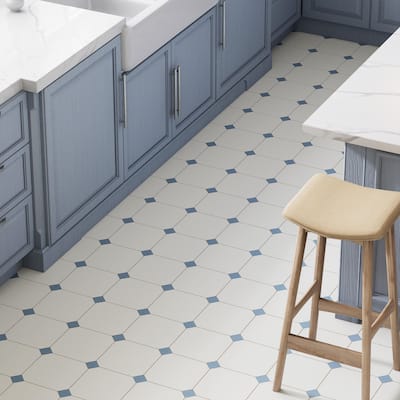 Merola Tile Vaudeville Octagon Deco Diglas with Taco Azzuro 7-7/8" x 7-7/8" Porcelain Floor and Wall Tile
