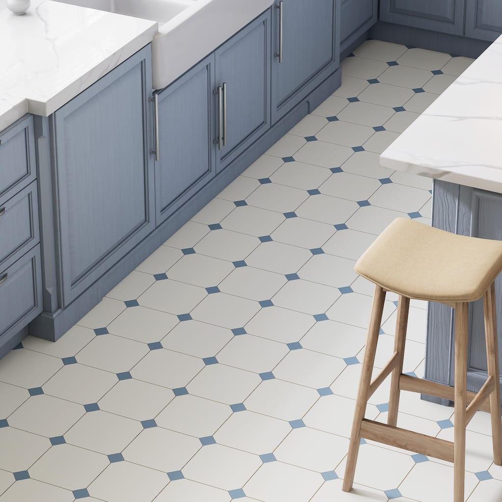 Merola Tile Vaudeville Octagon Deco Diglas with Taco Azzuro 7-7/8" x 7-7/8" Porcelain Floor and Wall Tile
