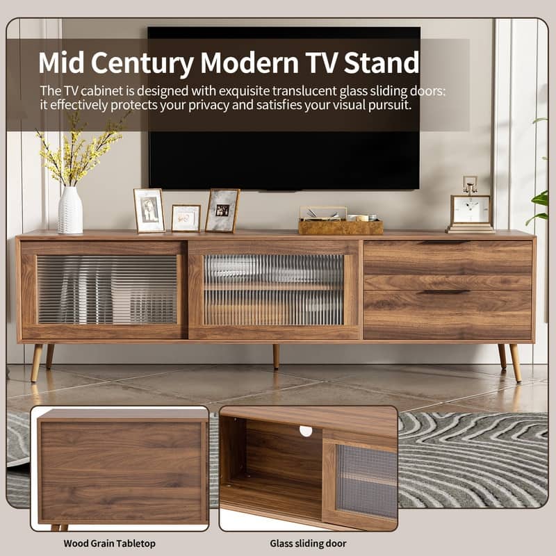Modern TV Stand for TVs Up to 75", Media Console with Glass Doors, Drawers & Storage Cabinet