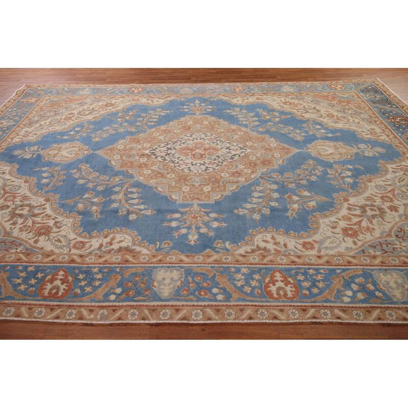 Blue Tabriz Persian Vintage Rug Hand-Knotted Wool Carpet - 9'3" x 12'11"