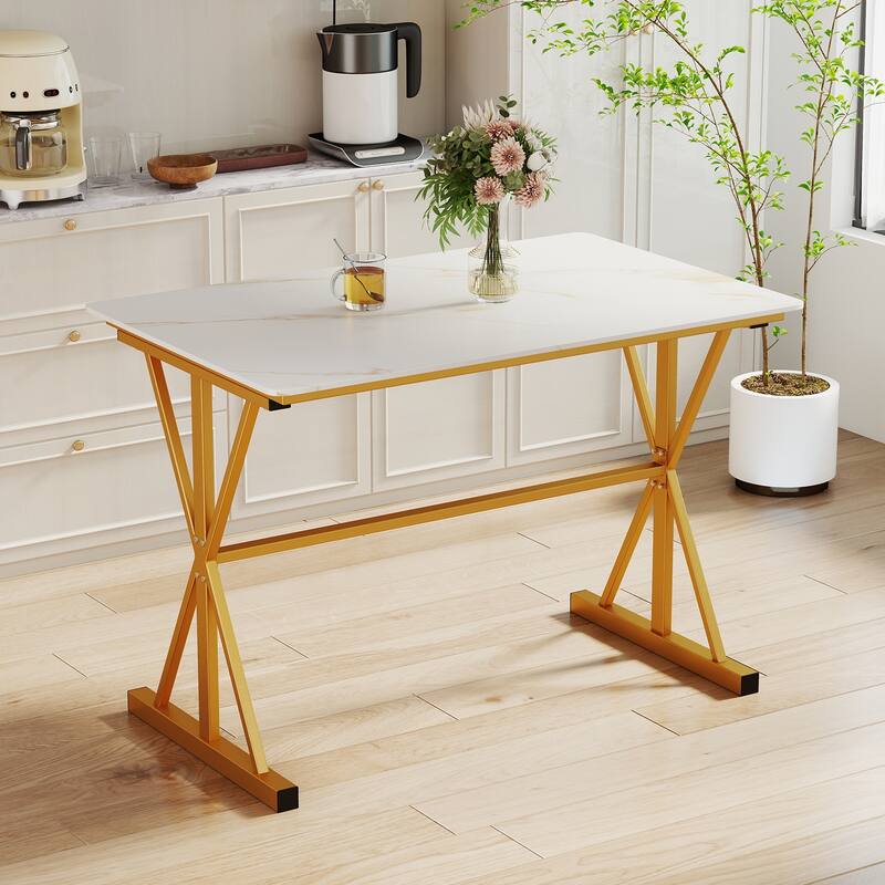Golden and White Sintered Stone Dining Table with Metal Frame 135 lbs Capacity - 44" x 28" x 30"