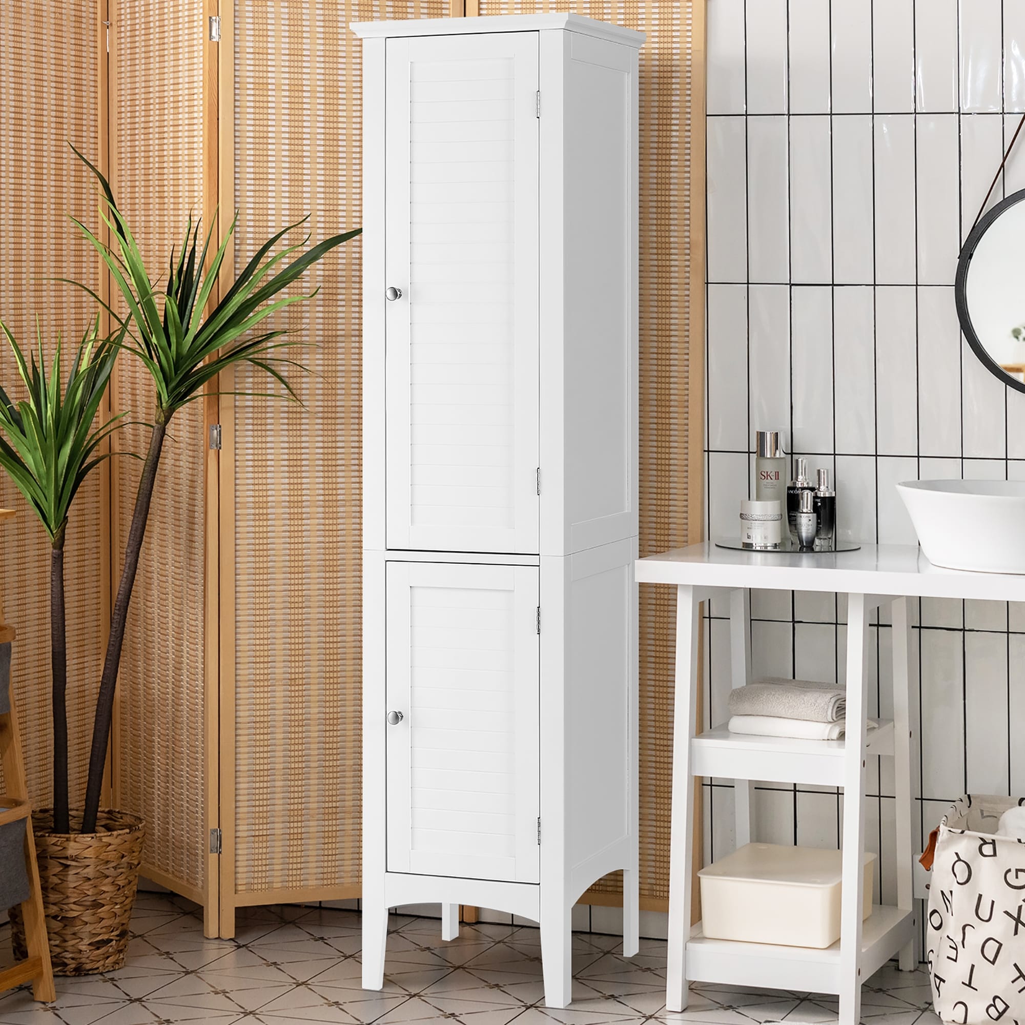 5 Tier Wooden Freestanding Tower Cabinet Tall Bathroom Storage