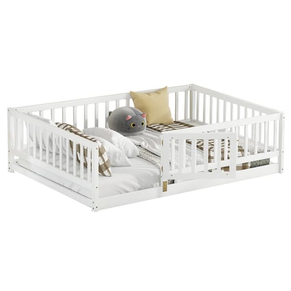 slide 2 of 12, Full Size Montessori Floor Bed with Fence and Door, White White