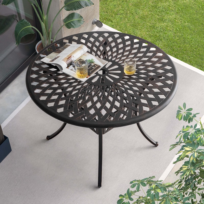 Nuu Garden Outdoor Round Cast Aluminum Dining Table with 2.24'' Umbrella Hole - Black with gold-painted edge