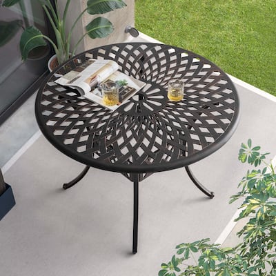 Round Cast Aluminum Outdoor 42'' Dining Table with 2.24'' Umbrella Hole, Black with Gold-Painted Edges