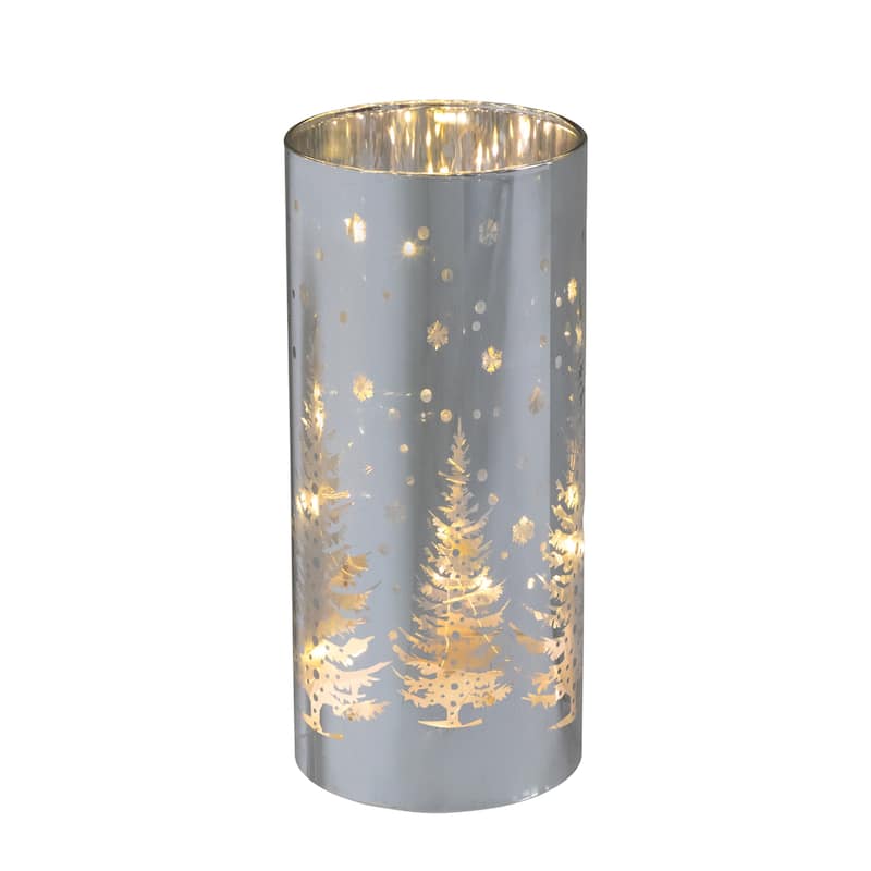 LED Lighted Winter Pine Trees Glass Hurricane Christmas Candle Decoration - 8"