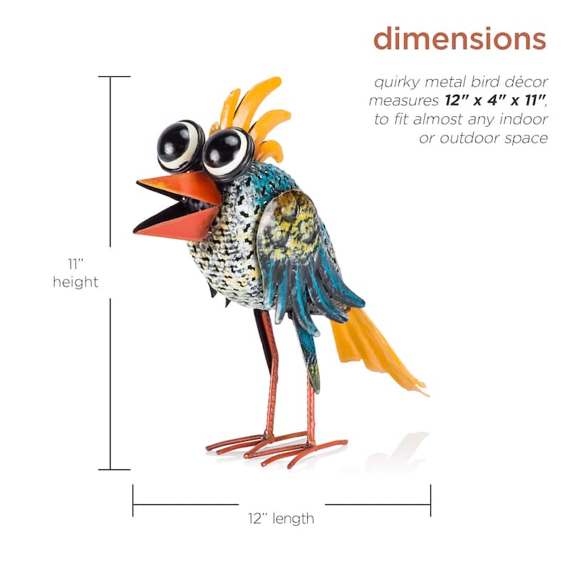 Alpine Corporation 11" Tall Outdoor Metal Wide-Eyed Bird Statue Colorful Indoor/Outdoor Animal Decor