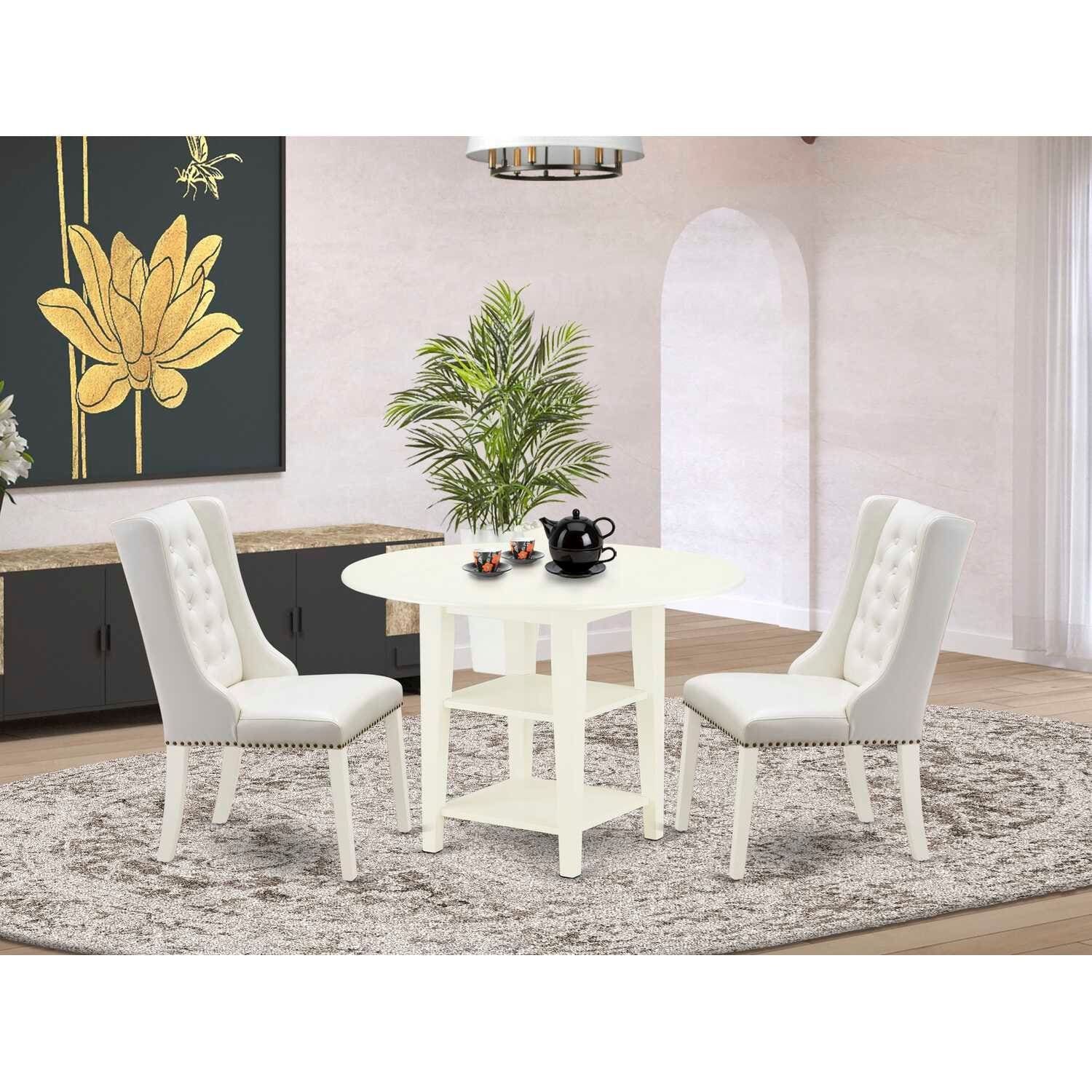 HomeStock 3-Pc Linen White Finish Solid Wood Top Dining Table Set