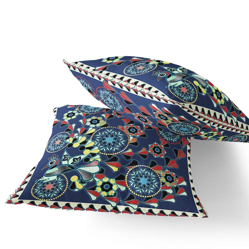 HomeRoots Set of Two 16" X 16" Blue and Off White Peacock Blown Seam Floral Indoor Outdoor Throw Pillow