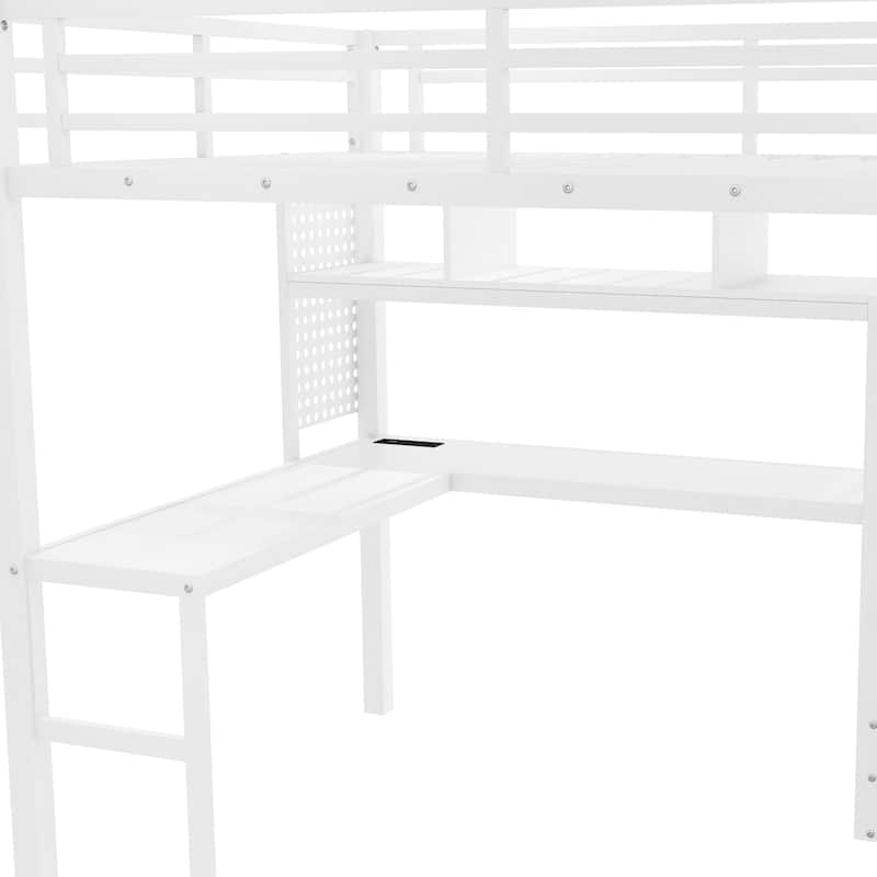 Full Metal High Loft Bed with Storage Compartments Staircase, LED, Charge Station, Shelves, Desk, Pegboard, Hanging Rods Drawers