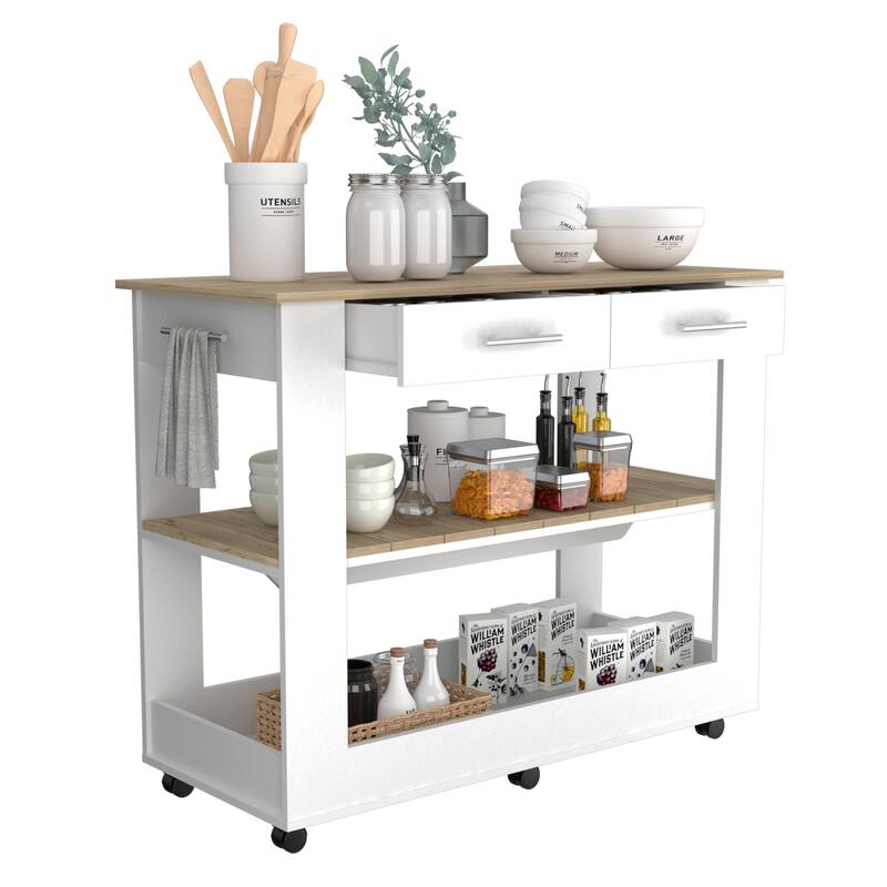 Cala Kitchen Island 46, Six Casters, Two Drawers, Lower Open Shelf -White / Light Oak