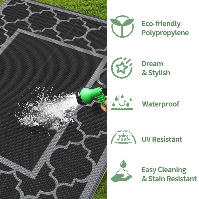 Reversible Dark Tone Geometric Flat-Weave Recyclable Outdoor Rug