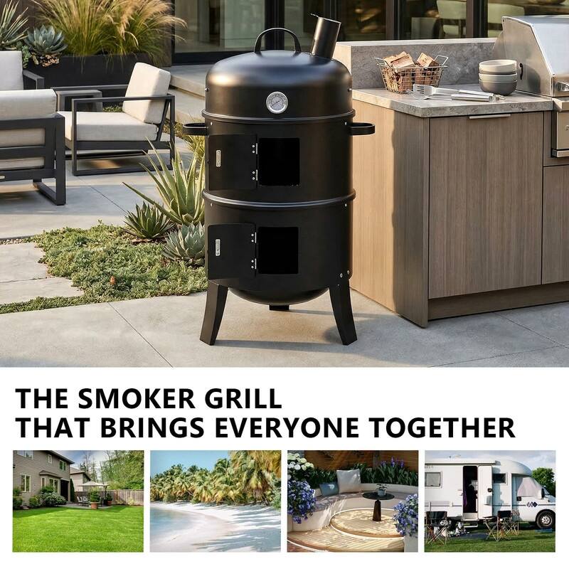 16.5 In. Vertical Charcoal Smoker Charcoal Grill In Black With Thermometer - N/A