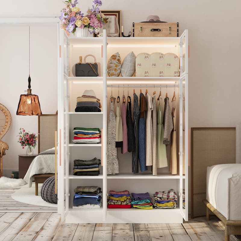 Wardrobe Armoire Wooden Closet with Tempered Glas Door With LED Light - 47.2"x74.8" - White