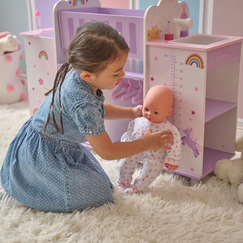 Teamson Kids Fantasy Care Wooden 6-in-1 Doll Nursery Pretend Play Set - Dollhouse with Furniture and Accessories, Toddler Gift