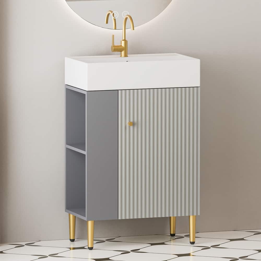 Small Bathroom Vanity with Sink, Narrow Depth Bathroom Vanities, Bathroom Cabinet with Open Side Shelves & Soft Closing Door