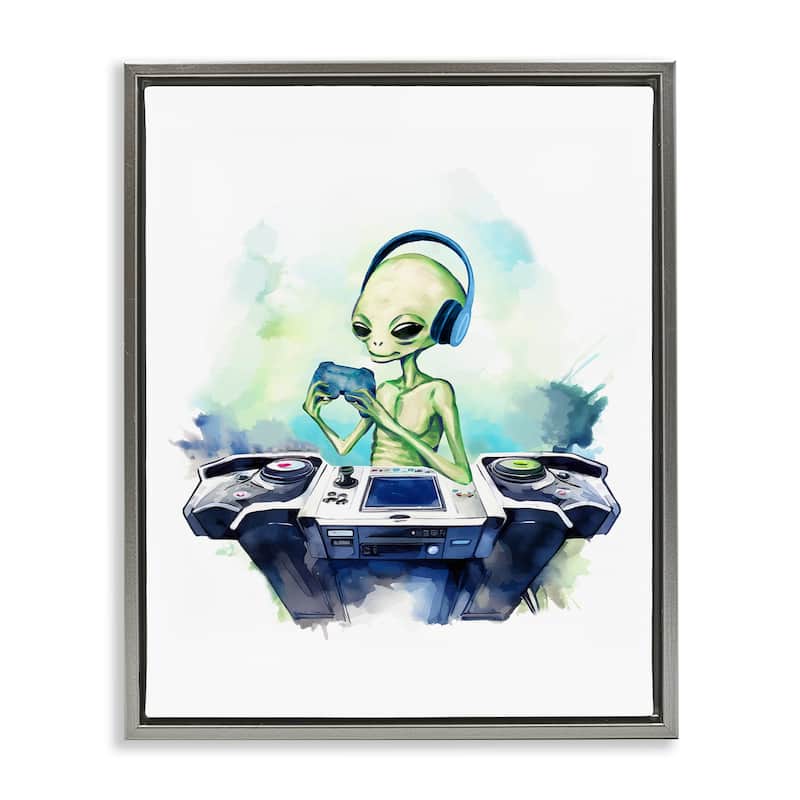 Stupell Tech Alien Playing Video Games Framed Floater Canvas Wall Art Design By Lil' Rue - 17 x 21 - Grey