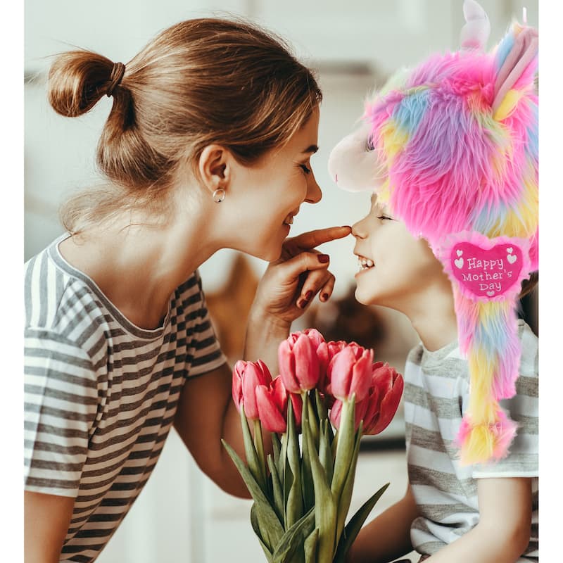 DolliBu Happy Mother’s Day Super Soft Rainbow Llamacorn Plush Hat - 16.5 inches
