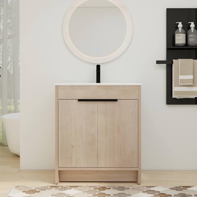 ARTCHIRLY 24/30/36 Inch Bathroom Vanity with Sink, Freestanding Bathroom Vanity with 2 Soft Close Doors and Adjustable Shelf - Plain Light Oak - 30''W