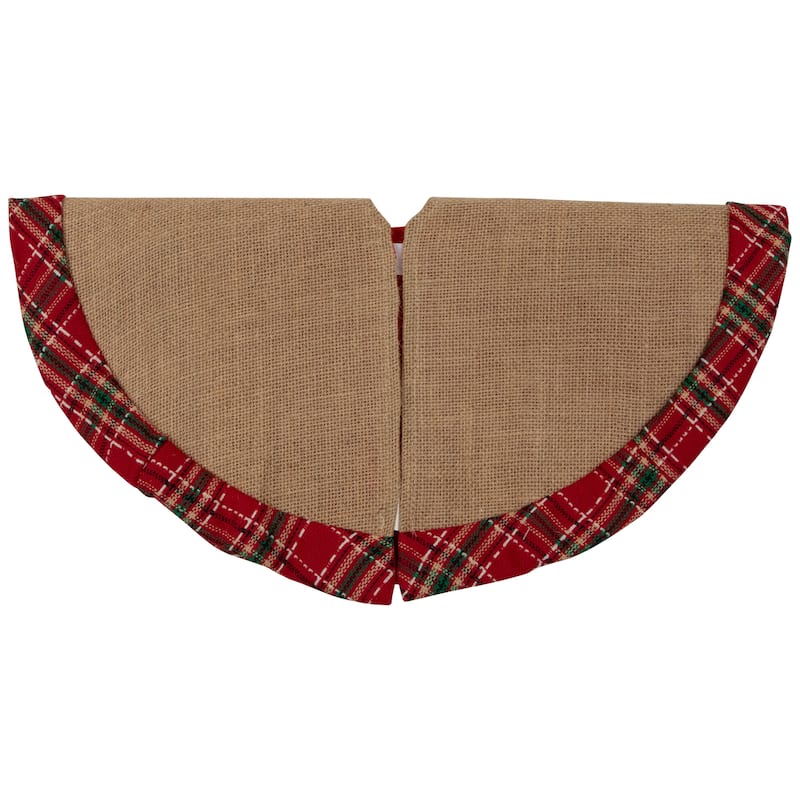 20" Rustic Burlap Mini Christmas Tree Skirt with Red Plaid Border - 20
